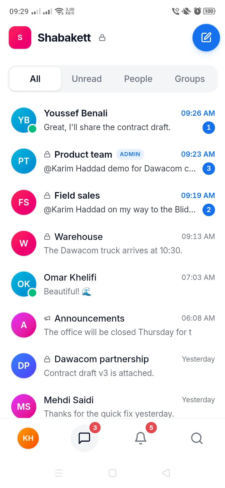 Wassil on Android: the list of conversations