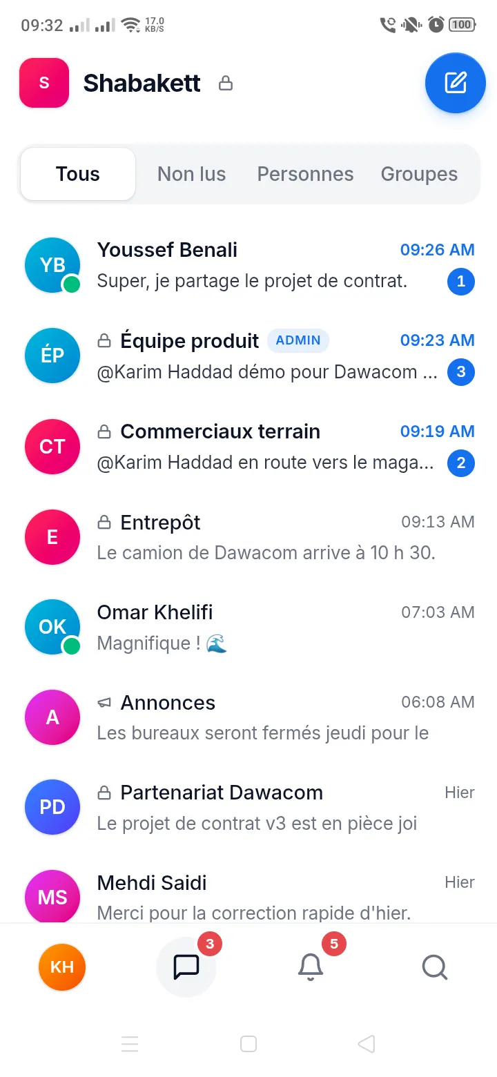 Wassil sur Android : la liste des discussions